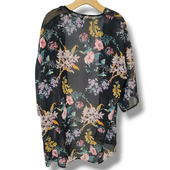 Divided by H&M women's black floral 3/4 sleeves open front cardigan kimono - Picture 5 of 8
